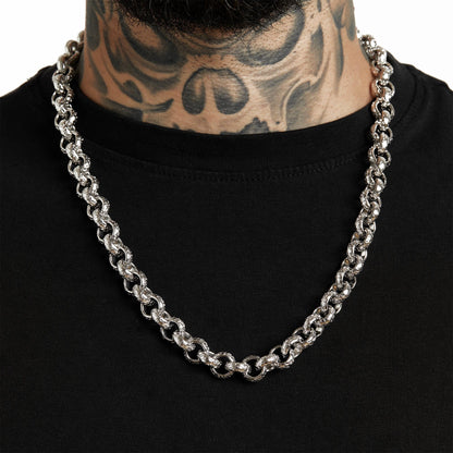 ALL WEAR Chains 24" / White Gold Hammered Patterned Belcher Chain 12mm - White Gold (Albert Clasp)