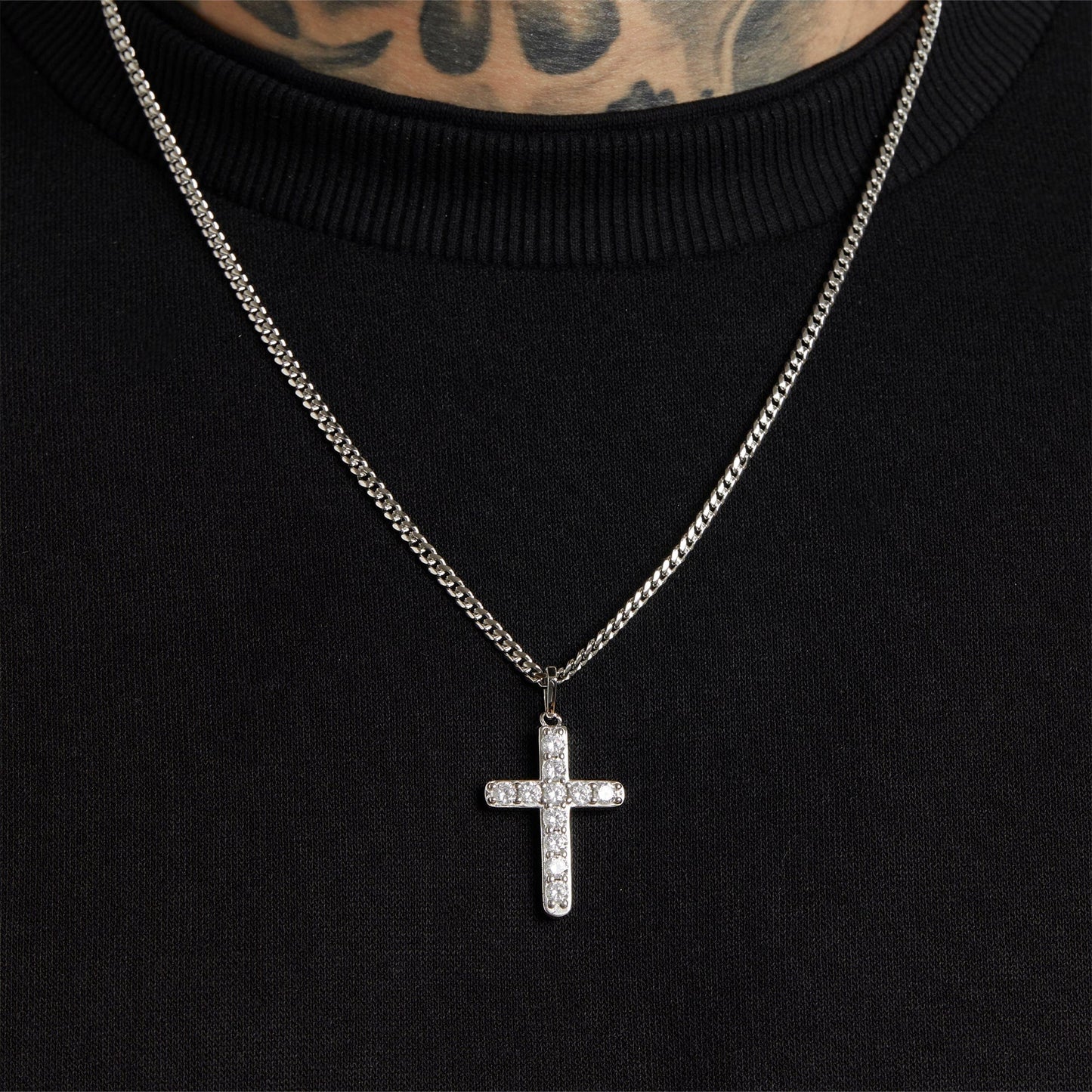 ALL WEAR Cuban / Silver Micro Studded Cross Pendant - White Gold