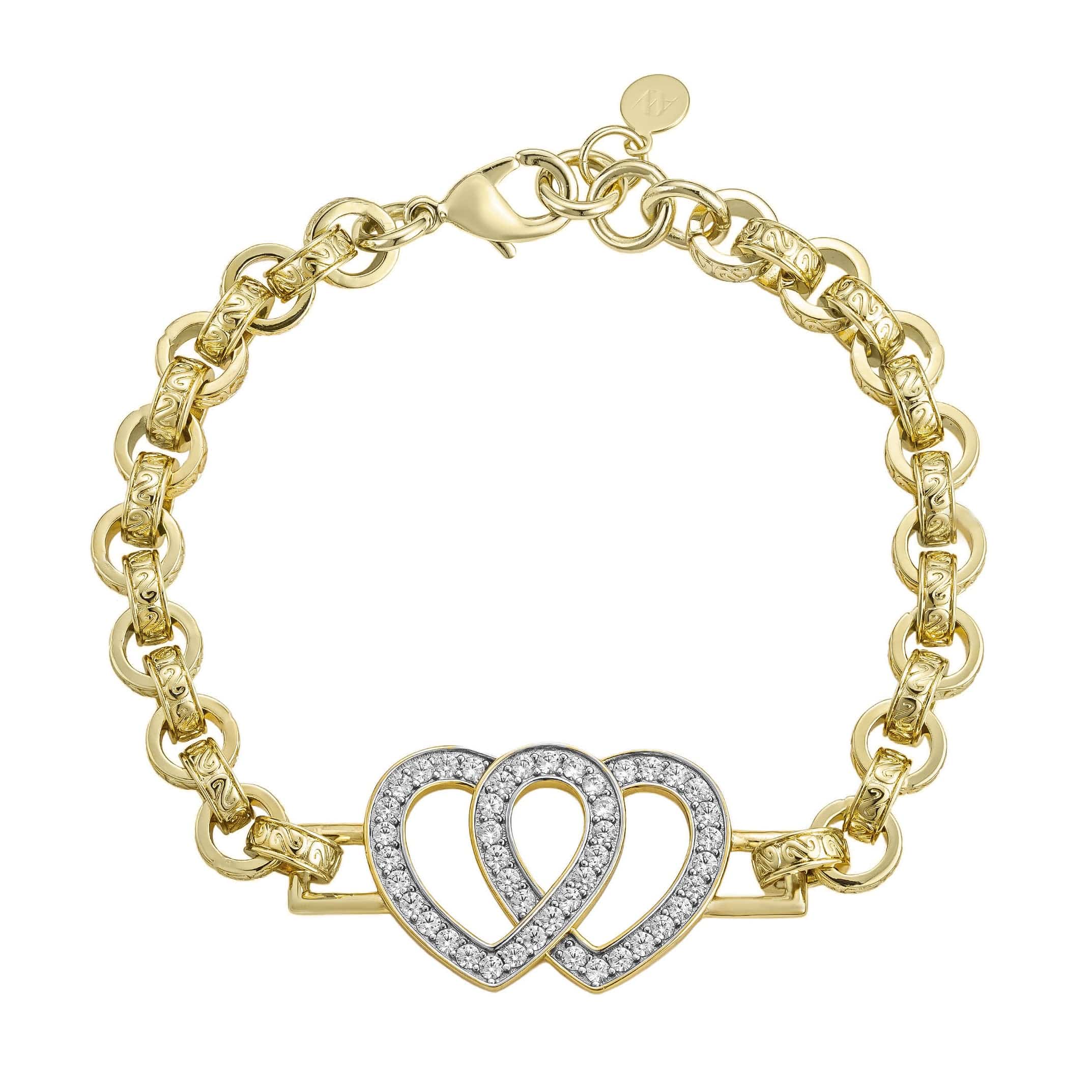 Diamond Double Heart Belcher Bracelet in gold. A beautiful and elegant accessory with a belcher chain and double heart charm adorned with diamonds.