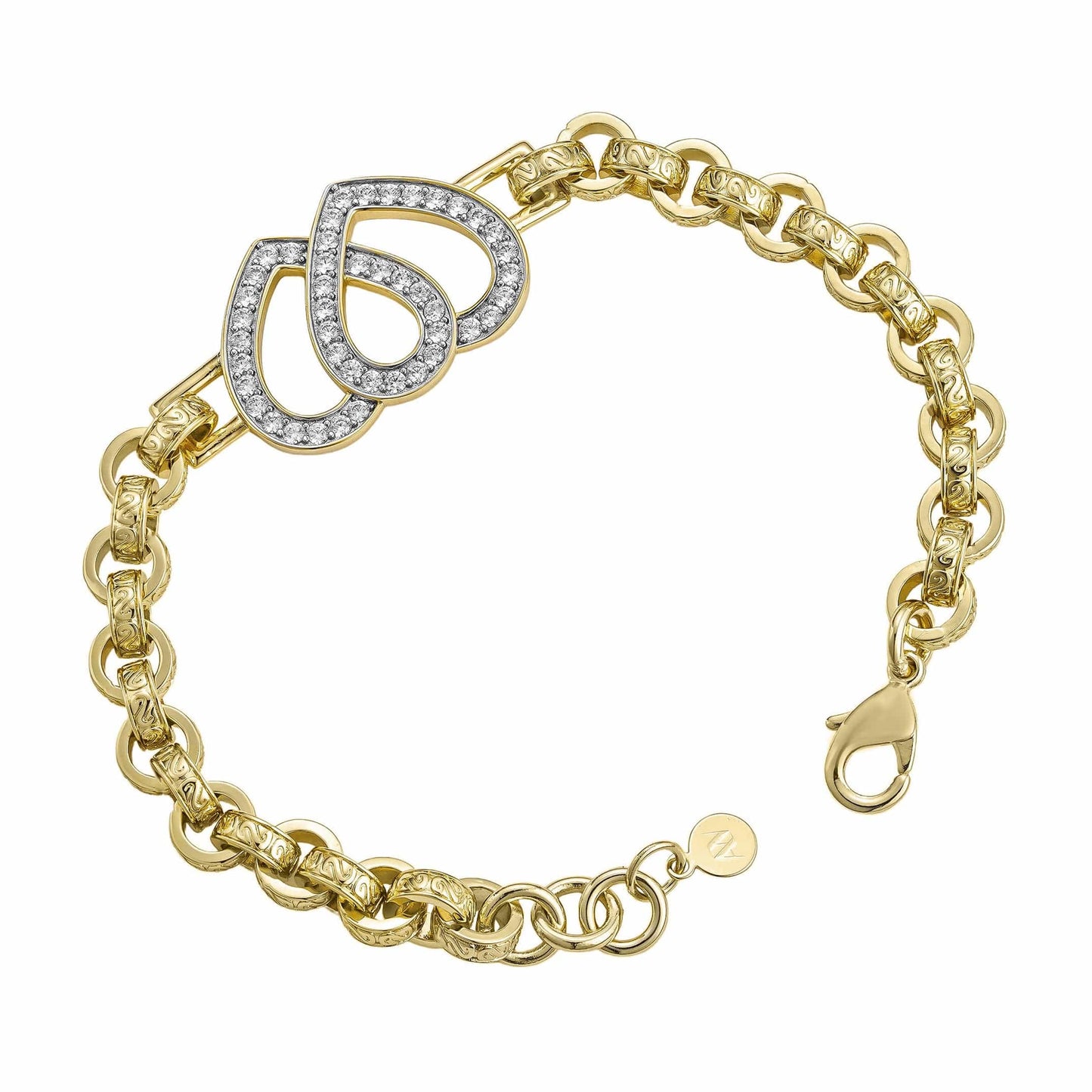 A close-up of a gold-toned diamond double heart belcher bracelet featuring a belcher chain and a double heart charm adorned with sparkling diamonds.