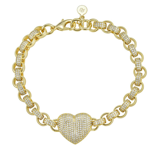 ALL WEAR Diamond Heart Charm Belcher Bracelet 8mm - Gold